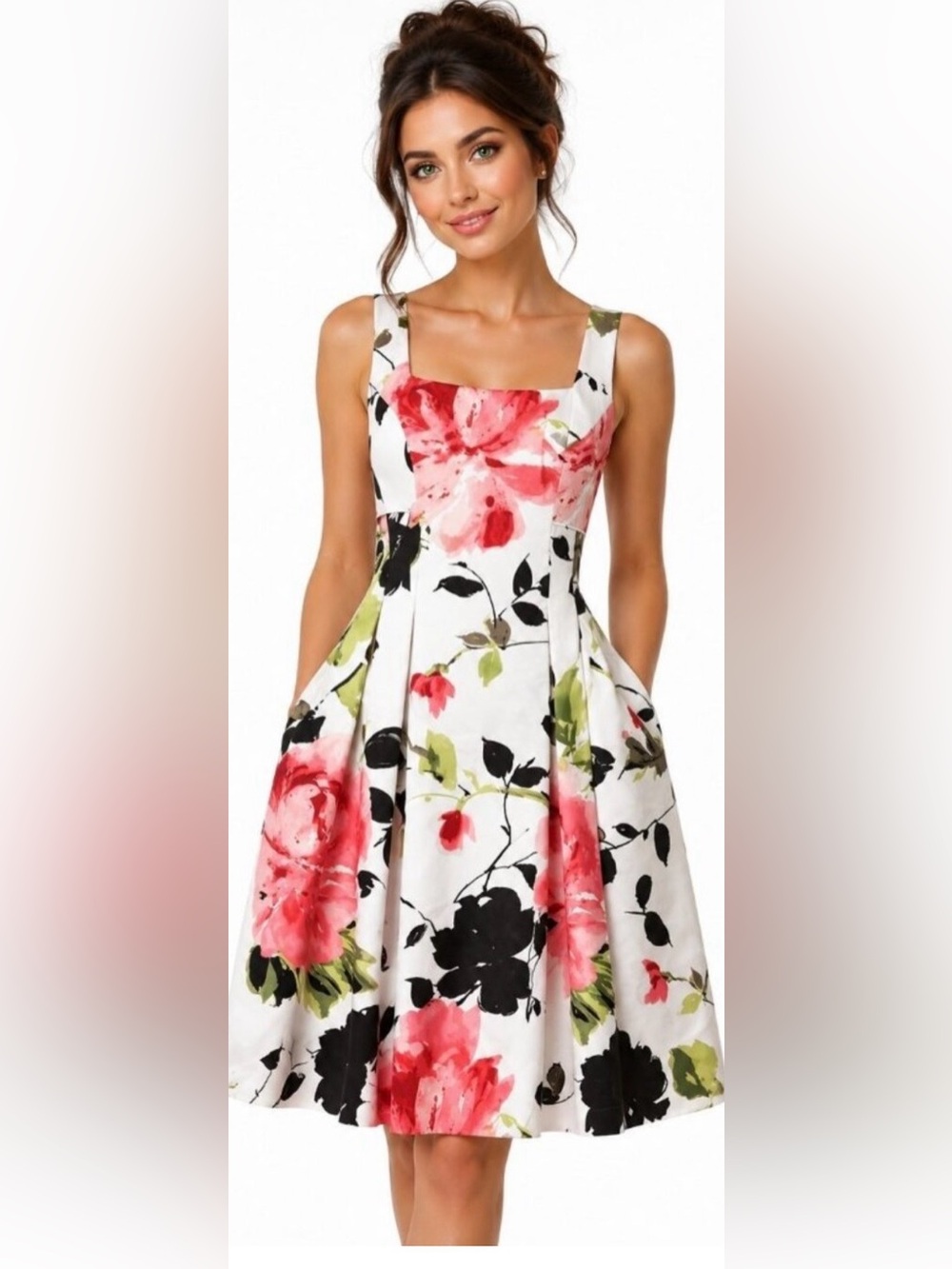 Lauren Ralph Lauren White Floral Fit-and-Flare Dress with Pink Roses & Pockets